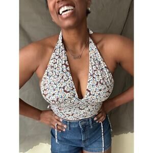 PacSun LA Hearts Brown and White Floral Printed Cropped Halter Top Size Medium